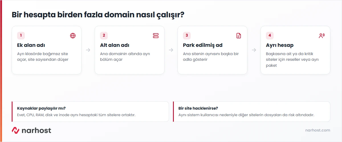 bir hosting birden fazla domain barındırırken ek alan adı, alt alan adı, park ve ayrı hesap seçeneklerini gösteren şema