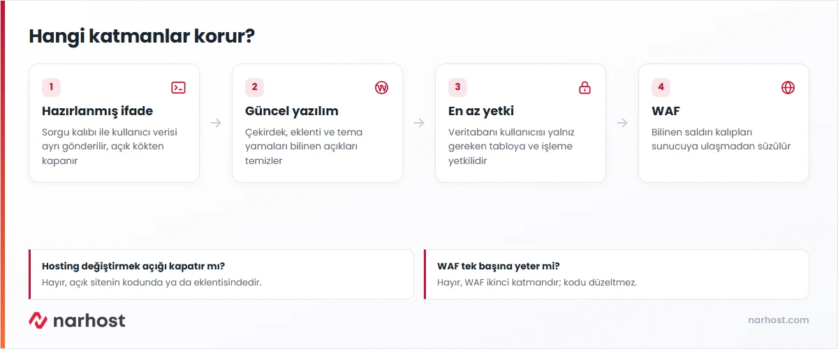 sql injection nedir sorusunu hazırlanmış ifade, güncel yazılım, en az yetkili veritabanı kullanıcısı ve WAF katmanlarıyla açıklayan şema