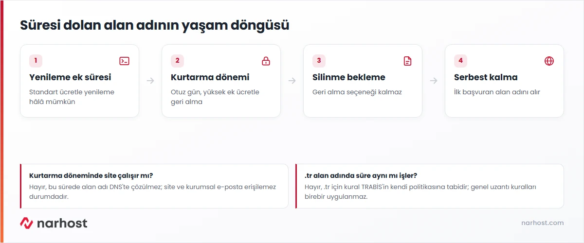 Süresi dolan alan adı ne olur sorusuna yenileme ek süresi, kurtarma dönemi ve serbest kalma aşamalarıyla verilen şema