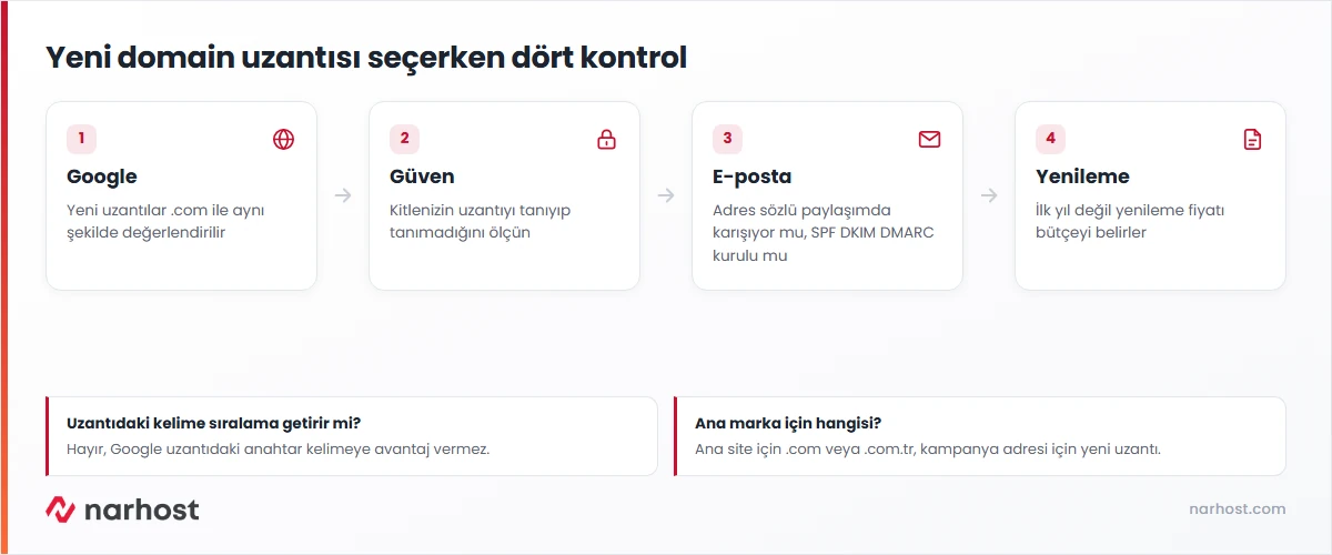 yeni domain uzantıları için Google değerlendirmesi, güven algısı, e-posta ve yenileme fiyatı kontrollerini gösteren şema