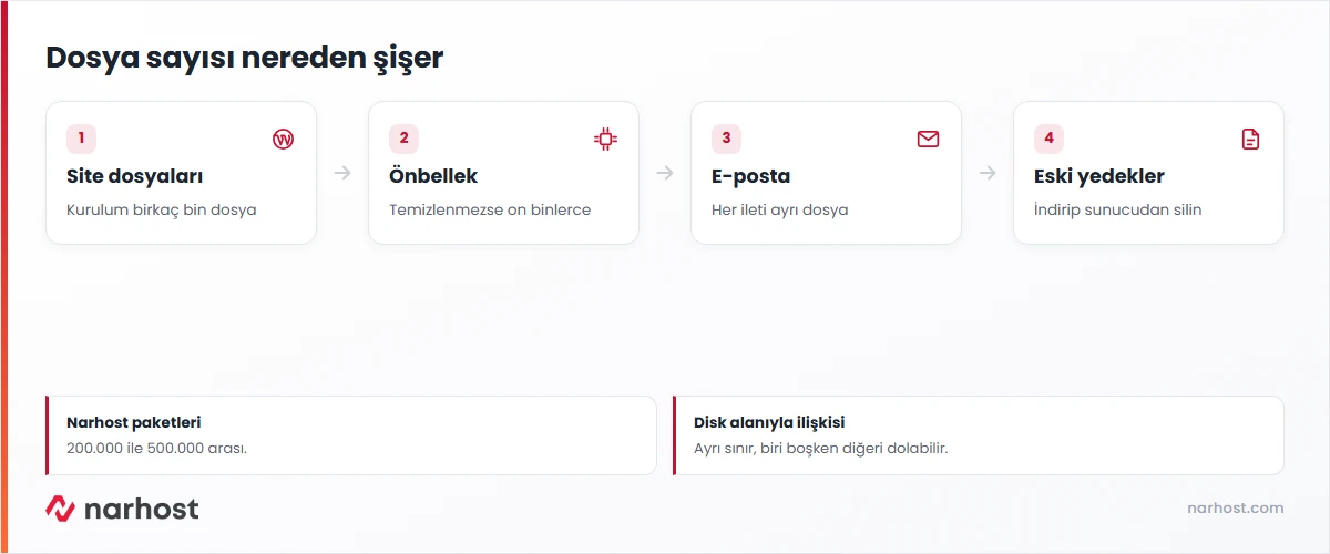 inode nedir şeması — site dosyaları, önbellek, e-posta ve eski yedeklerin dosya sayısına etkisi