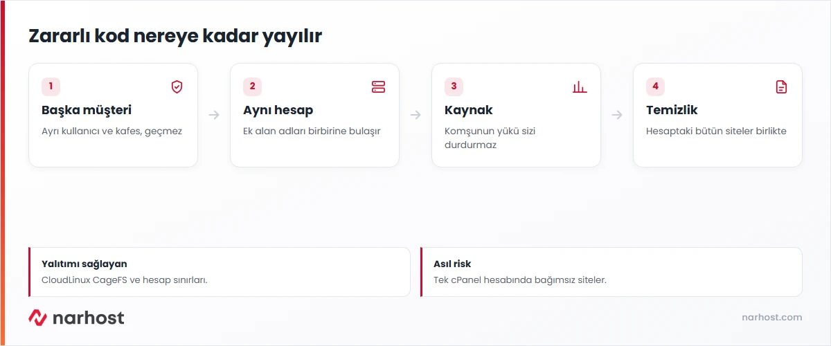 paylaşımlı hostingde virüs yayılma şeması — başka hesap, aynı hesaptaki siteler, e-posta ve kaynak yalıtımı