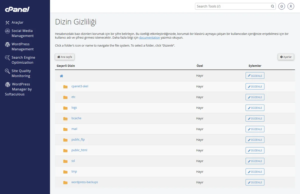 401 unauthorized hatası - cPanel Dizin Gizliliği ekranında klasör koruması ve kullanıcı listesi