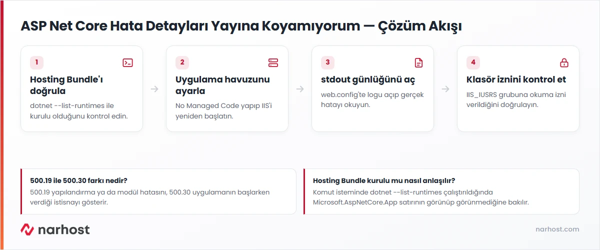 asp net core hata detayları yayına koyamıyorum sorunu çözüm akış şeması — hosting bundle, uygulama havuzu, stdout günlüğü ve klasör izni kontrolü