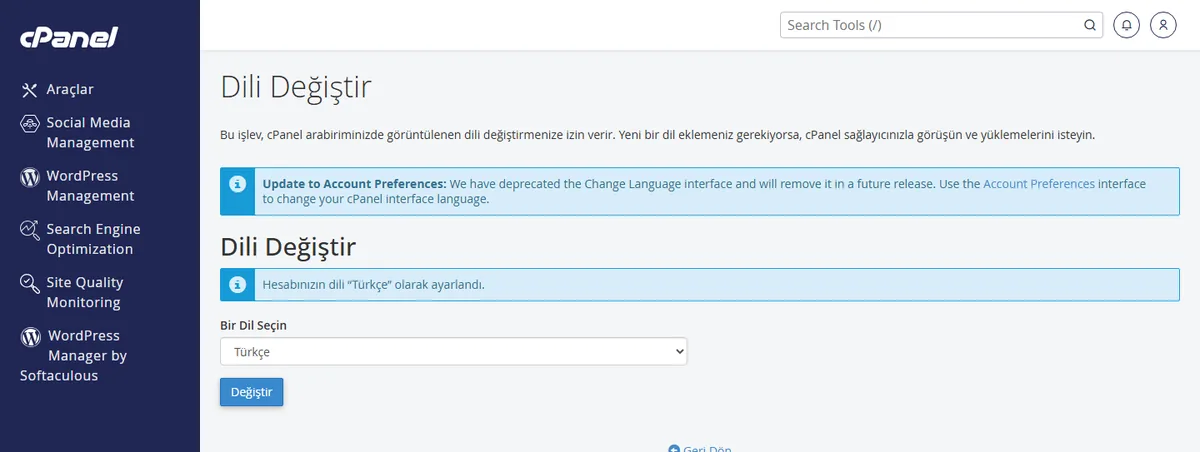 cPanel'de dil seçimi için Dili Değiştir kısayol sayfası