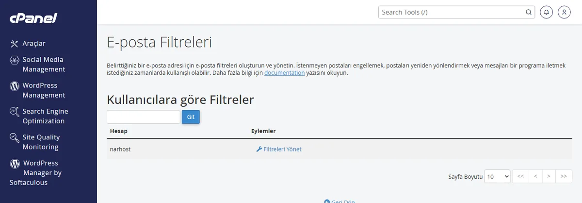 cpanel e-posta filtresi oluşturmak için E-posta Filtreleri sayfasında hesap seçimi ve filtre listesi