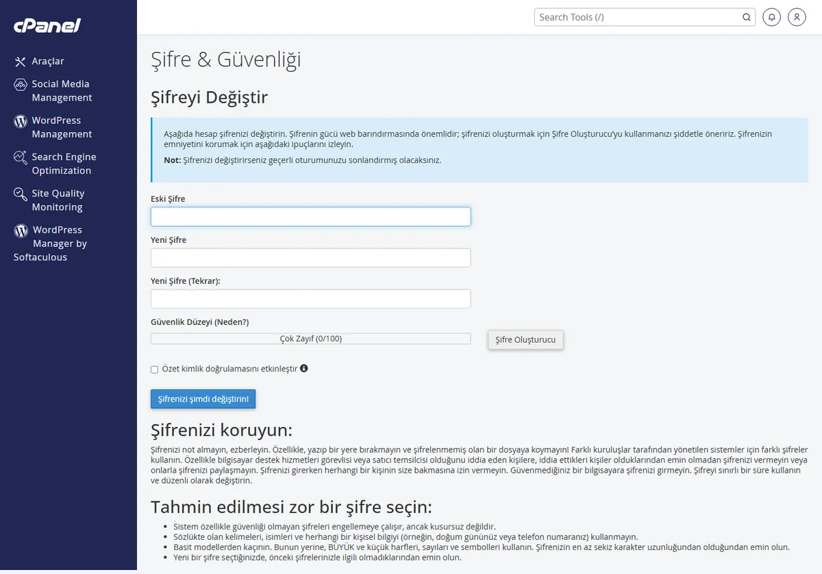 cPanel şifresi nasıl değiştirilir için Şifre ve Güvenlik ekranı