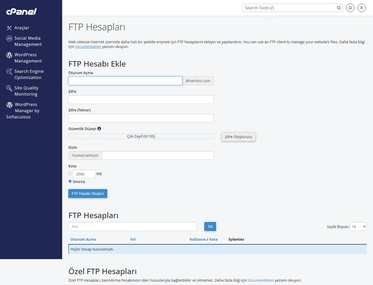 cPanel FileZilla FTP bağlantısı bilgilerinin alındığı FTP Hesapları sayfası