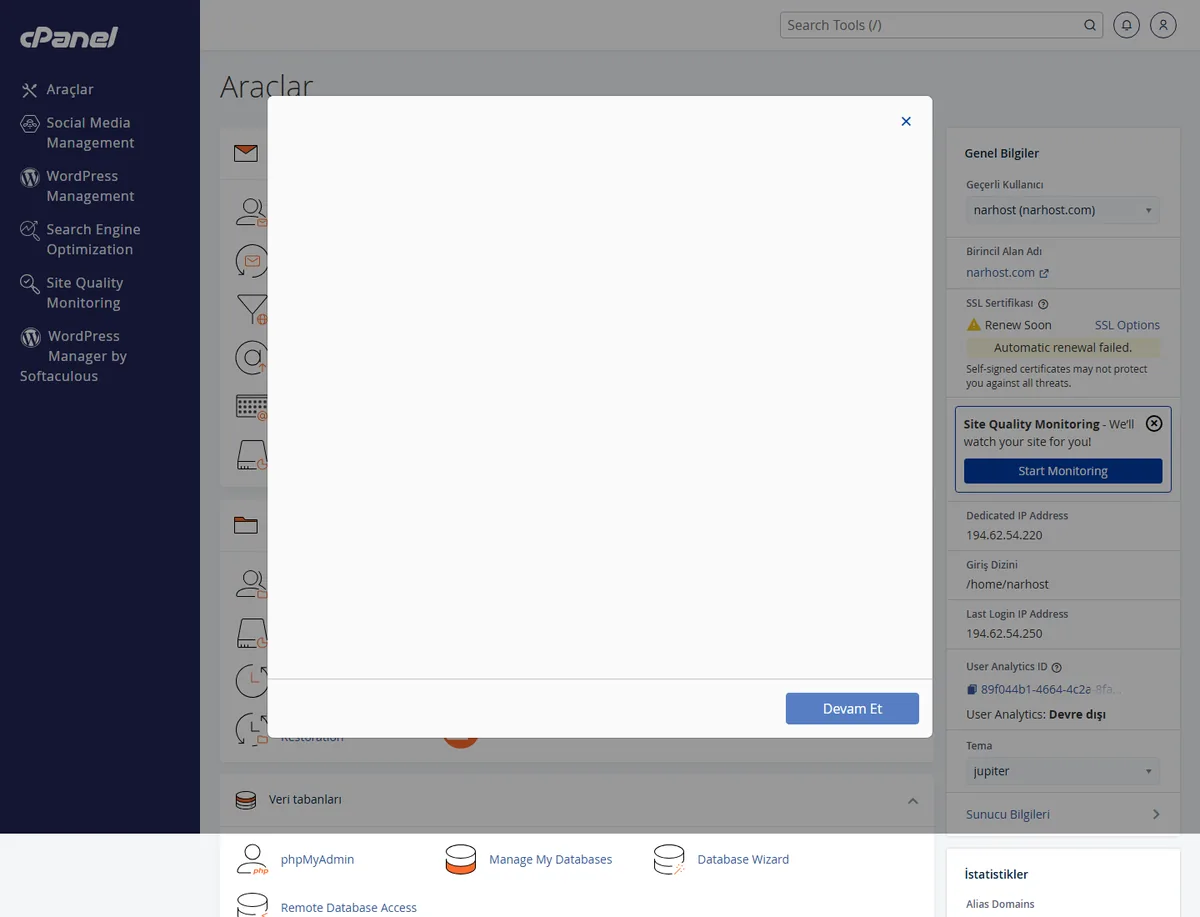 cPanel panel işlemleri rehberi için cPanel ana ekranı görünümü