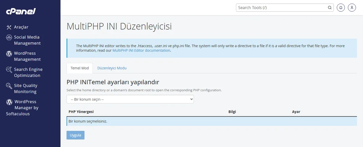 cpanel upload_max_filesize memory_limit değiştirme — MultiPHP INI Düzenleyicisi Temel Mod ekranı