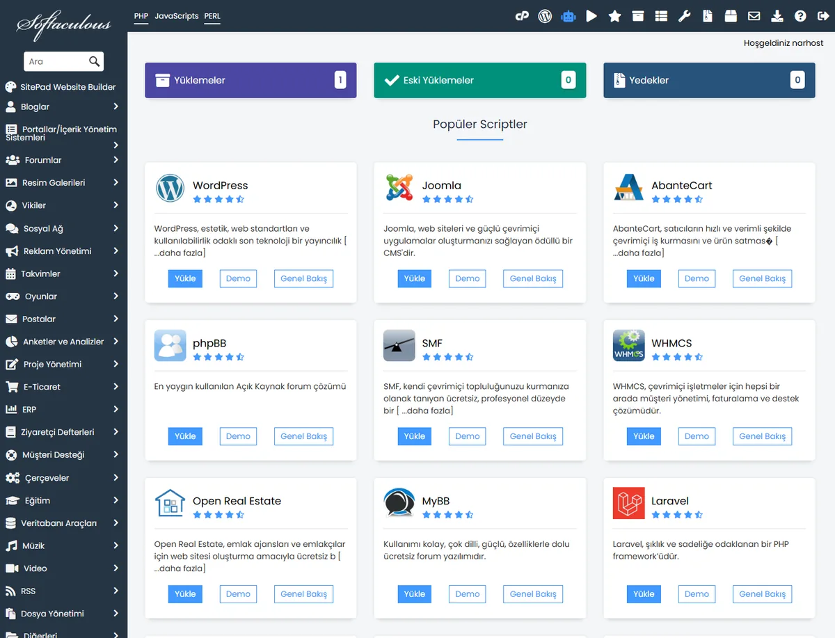 cPanel Softaculous ile uygulama kurulumu için Softaculous Apps Installer ekranı