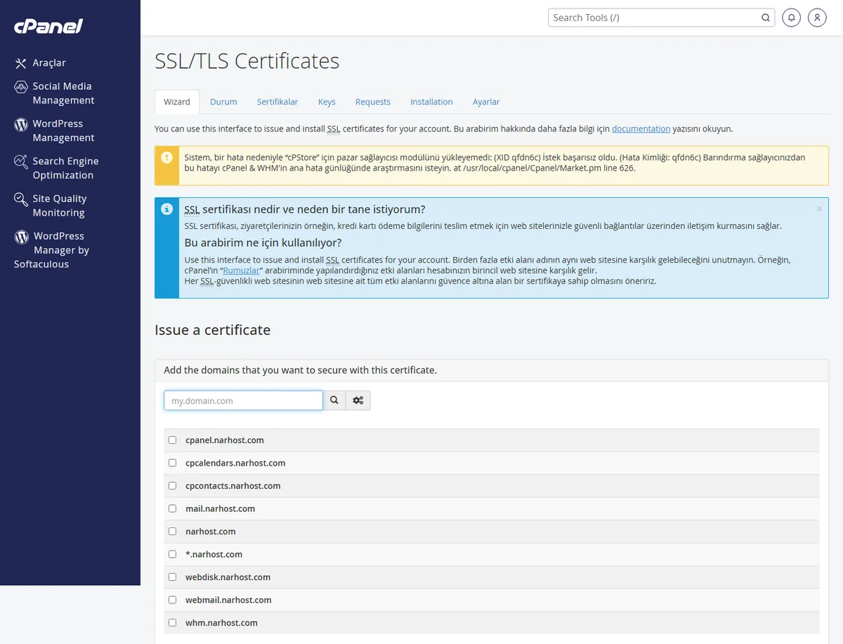 cPanel ssl sertifikası kurma işleminde SSL/TLS Sihirbazı ekranında alan adı ve sertifika durumu