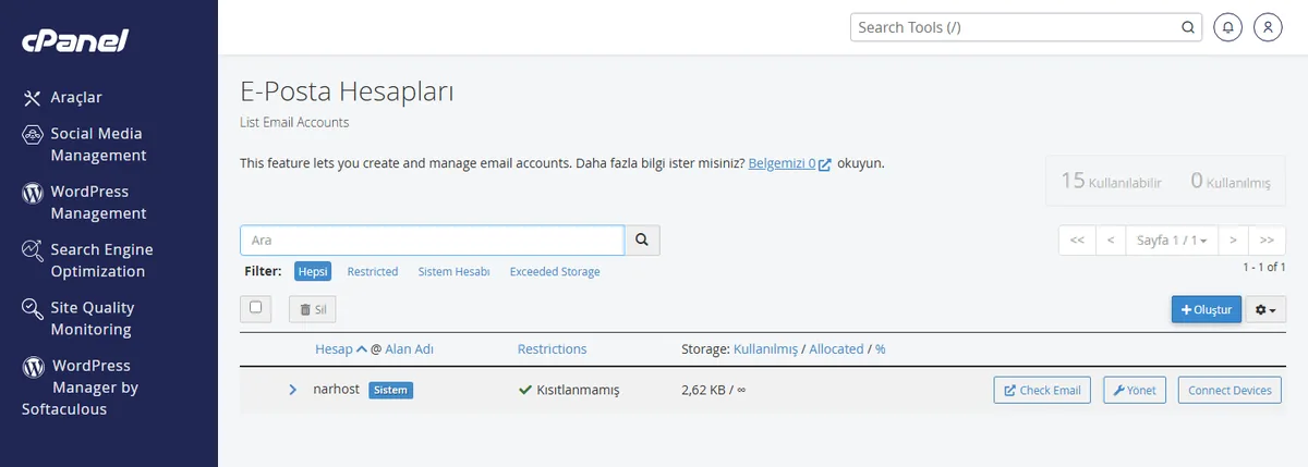 cPanel mail limitleri - E-posta Hesapları listesinde her hesabın Yönet bağlantısı