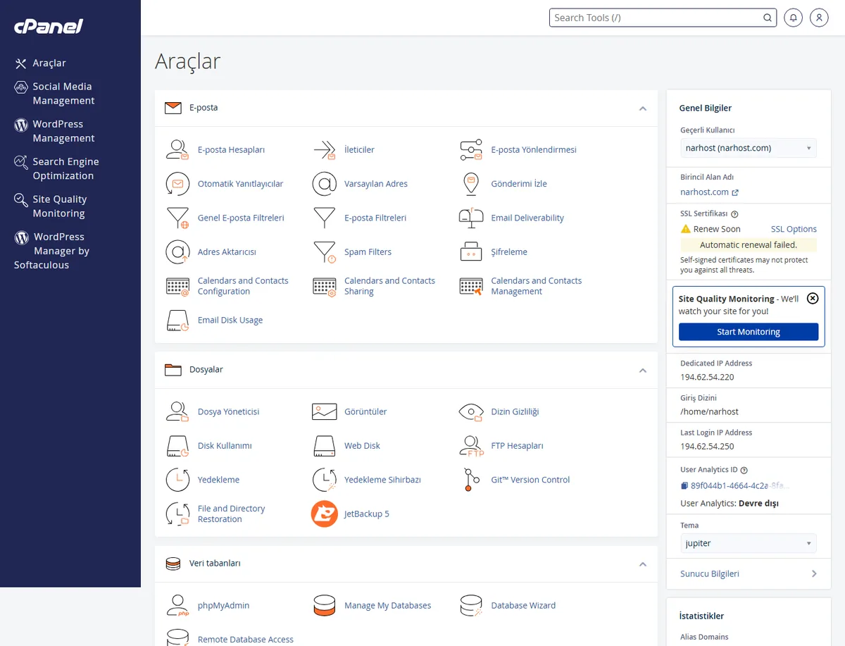 cPanel ana ekranı — cpanele nasıl giriş yapılır adımının sonucu