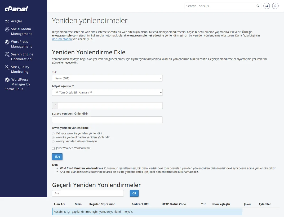 cPanel Yeniden Yönlendirmeler formunda Kalıcı 301 yönlendirme türü seçimi