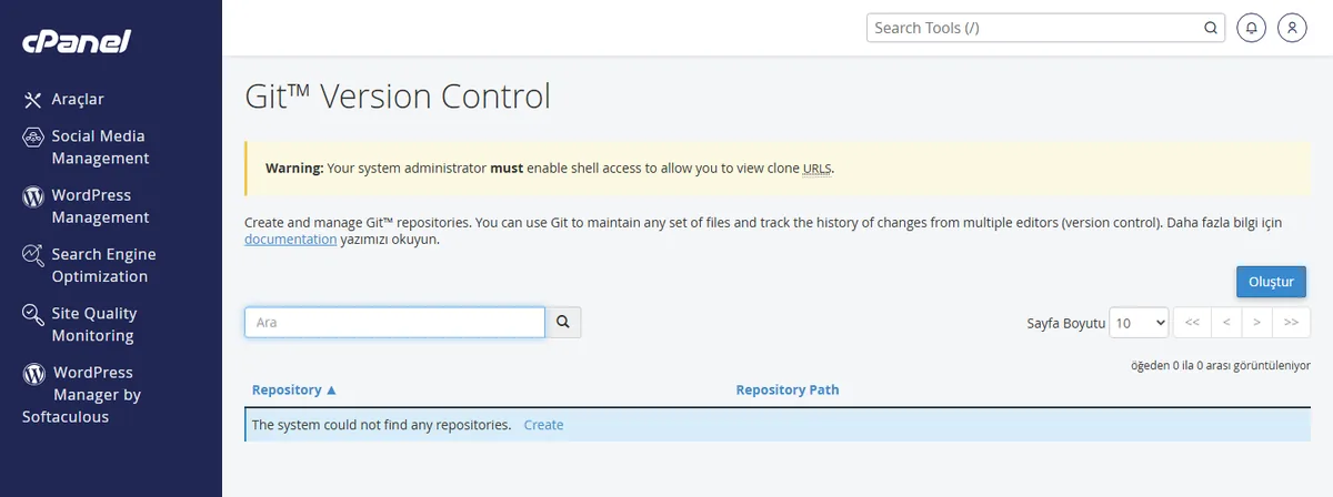 cPanel git version control ekranı - hesaptaki Git depolarının listesi ve Create düğmesi