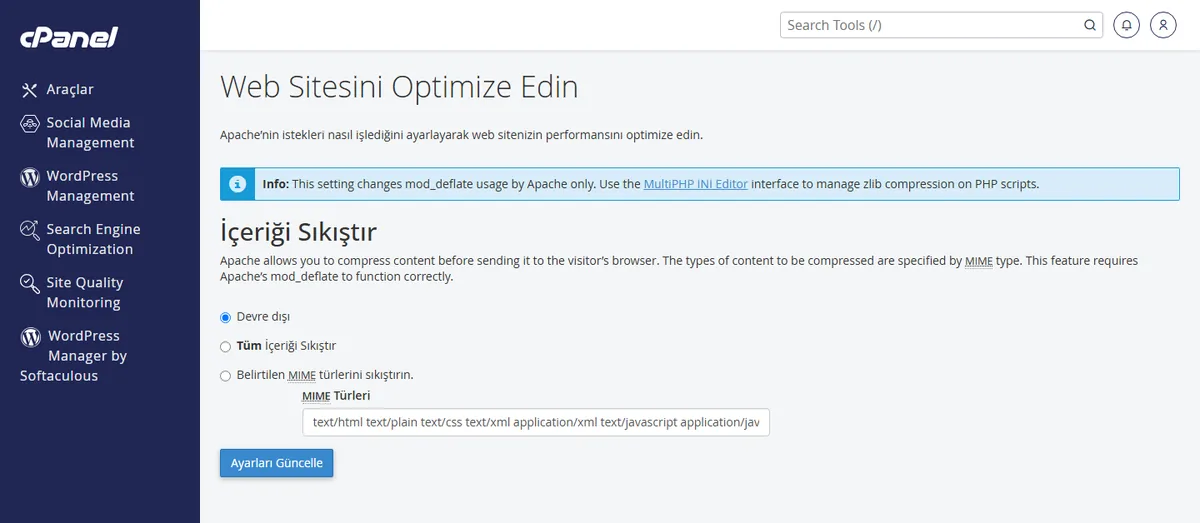 cPanel'de gzip sıkıştırma nasıl aktif edilir — Web Sitesini Optimize Edin sayfası