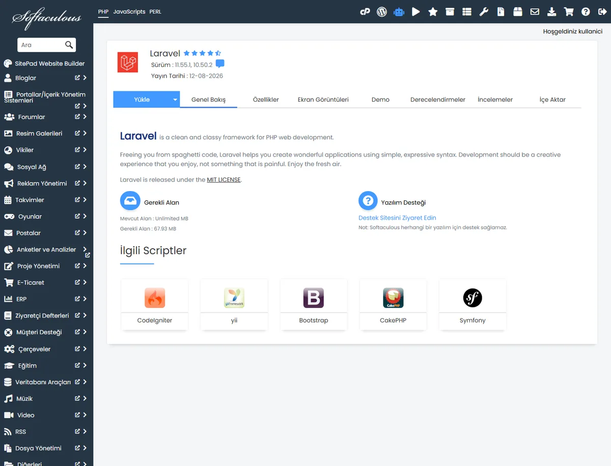 cPanelde Laravel kurulumu için Softaculous Laravel kurulum sayfası