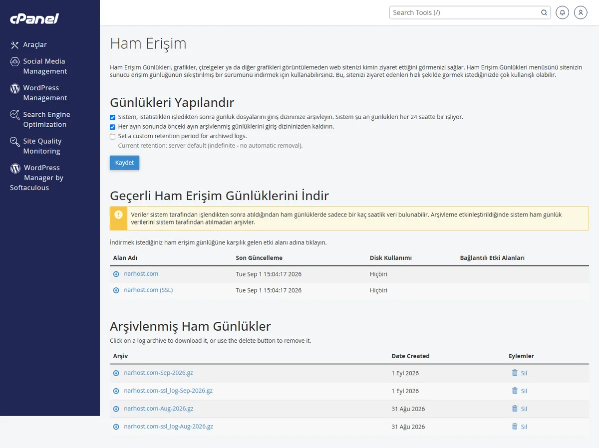 cPanel şüpheli giriş tespiti için Ham Erişim (Raw Access) sayfasında erişim günlüğünü indirme
