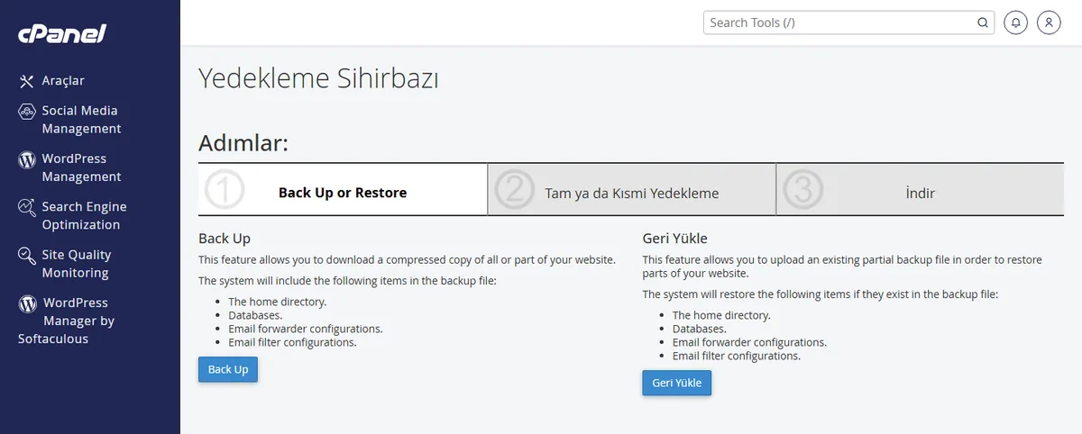 cPanel Yedekleme Sihirbazında MySQL Veritabanları seçimi ekranı
