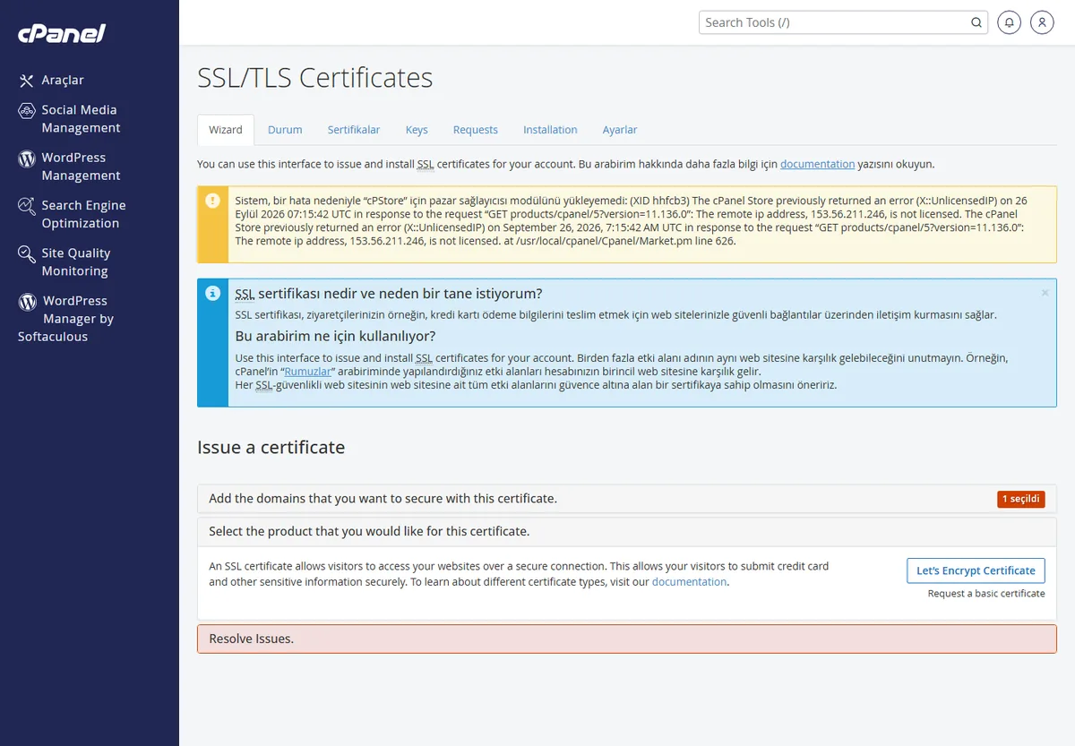 cPanel SSL/TLS CSR oluşturma formunda alan adı ve firma bilgisi kutuları