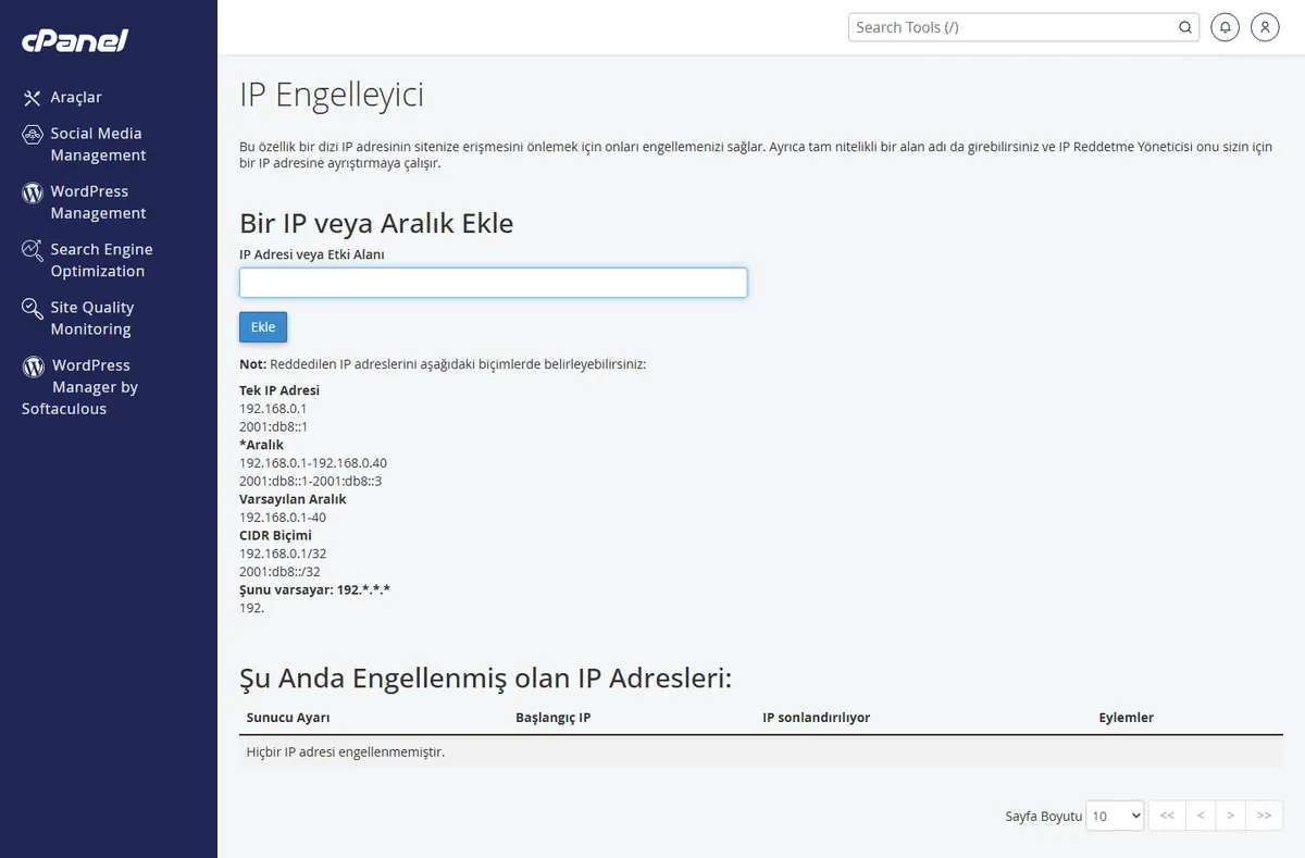cPanel IP Engelleyici ekranında engellenen IP adresleri listesi