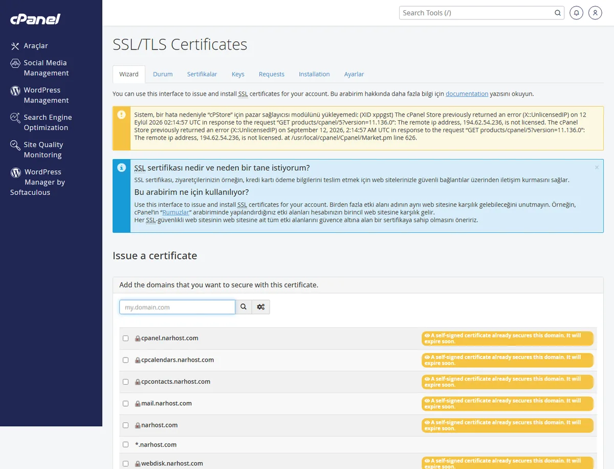 ERR_SSL_PROTOCOL_ERROR nasıl çözülür sürecinde cPanel SSL/TLS Sihirbazı'nda sertifika durumu kontrolü