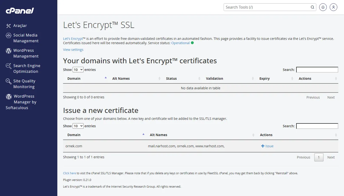 cPanel Let's Encrypt SSL sayfasında alan adı için sertifika düzenleme