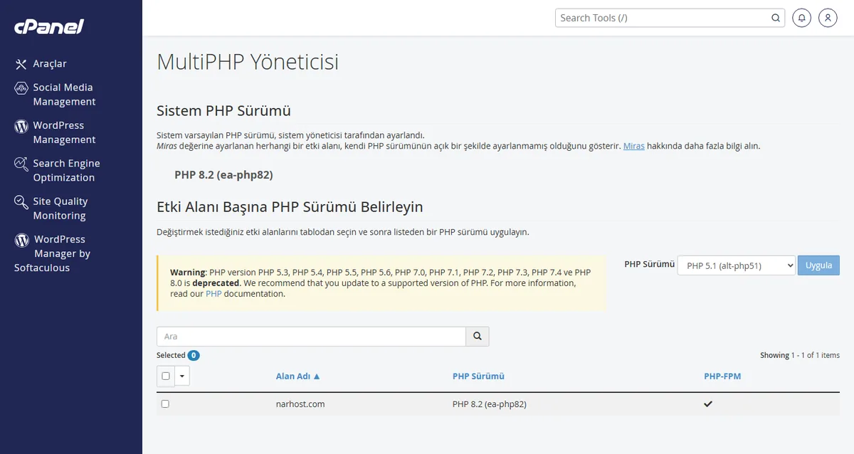 cPanel MultiPHP Yöneticisi ekranında WordPress için PHP sürümü seçimi