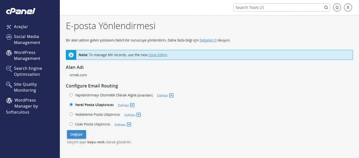 cPanel E-posta Yönlendirmesi sayfasında Uzak Posta Ulaştırıcısı seçeneği