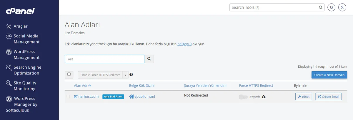 cPanel'de hosting domain ekleme — Alan Adları sayfası
