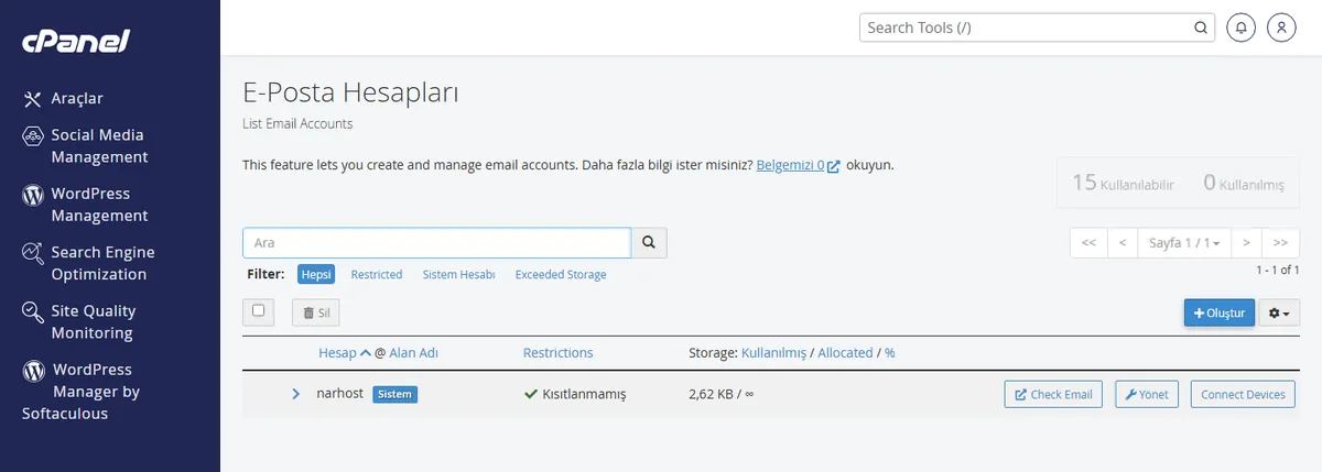 Hosting nasıl taşınır — cPanel E-posta Hesapları ekranından hesapları yeniden oluşturma