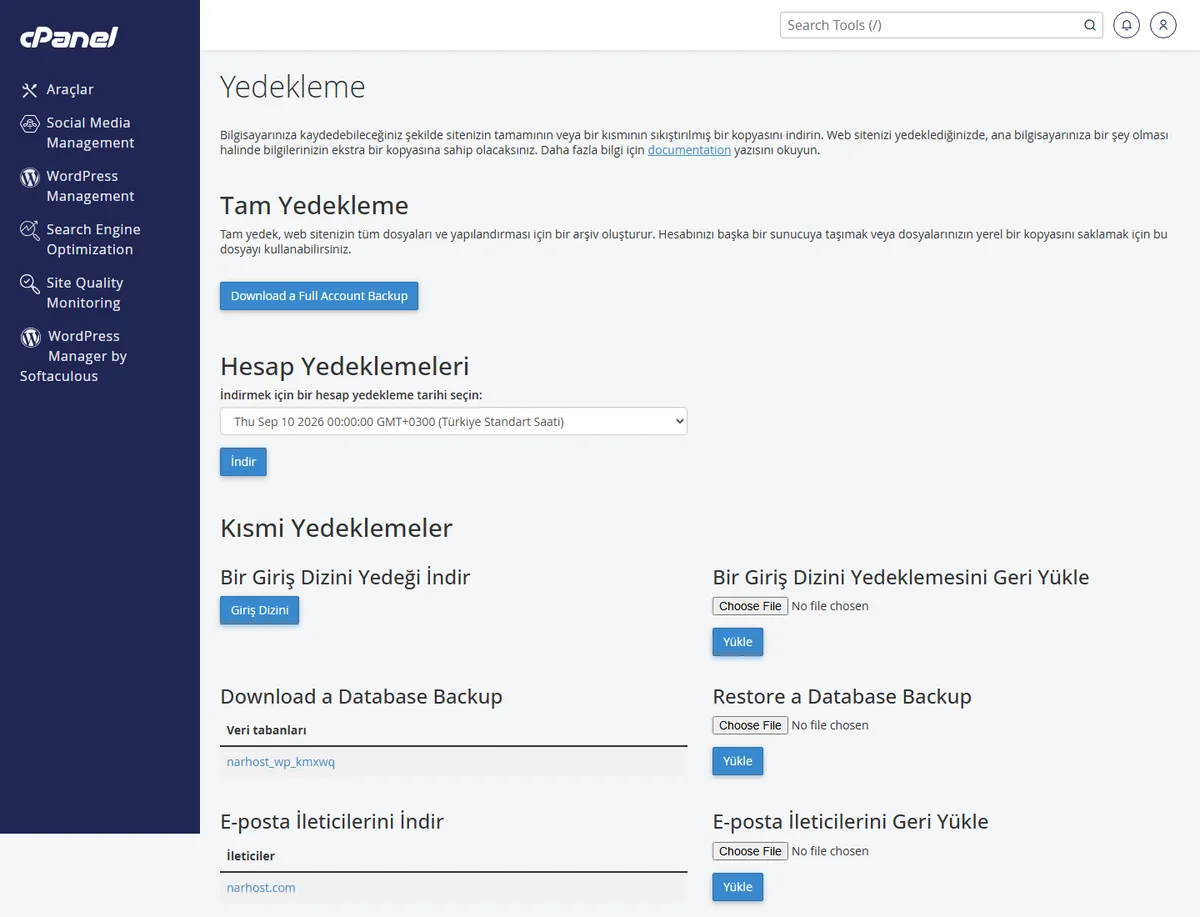Hosting paketi düşürme veri ne olur — cPanel Yedekleme ekranından tam hesap yedeği alma
