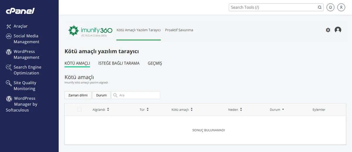cPanel Zararlı Yazılım Taraması listesinde dosya durum sütunu