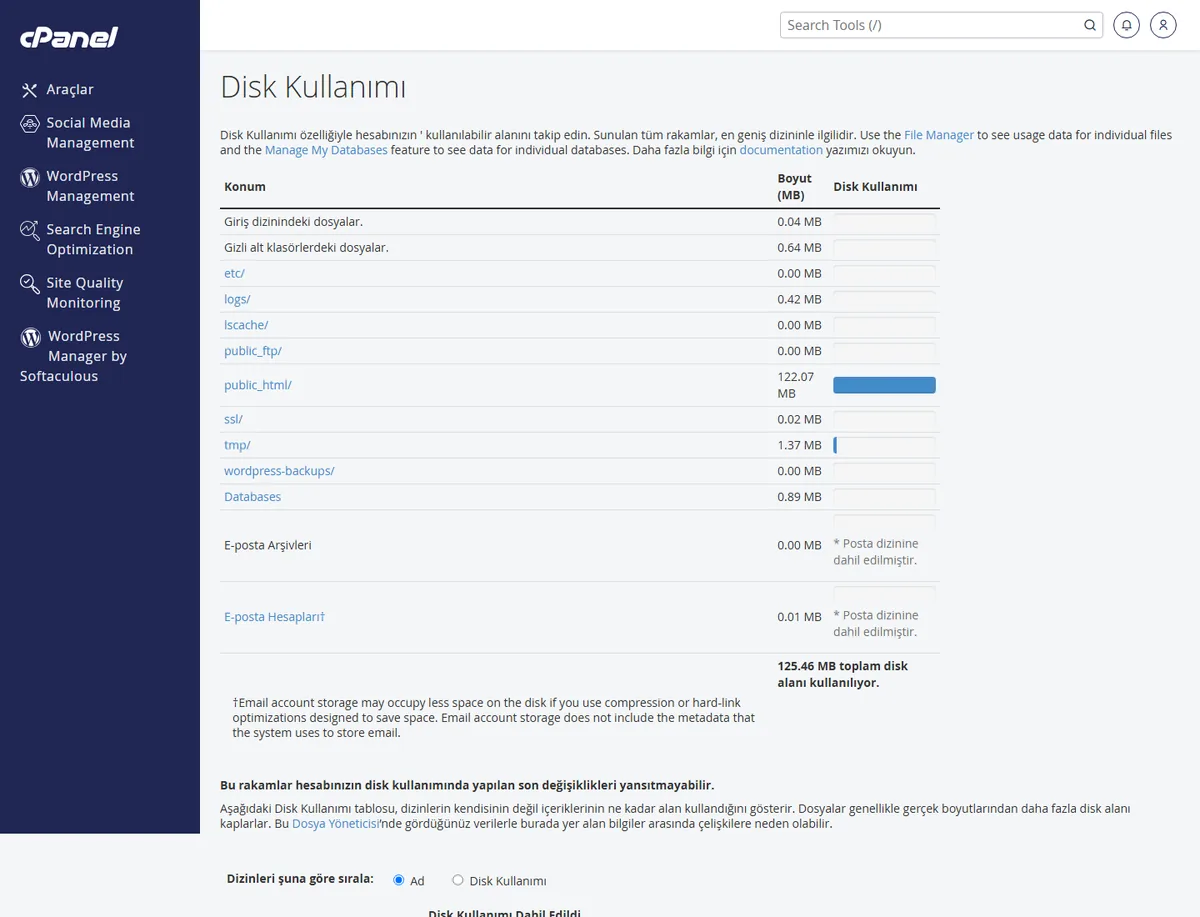 cPanel Disk Kullanımı ekranı — inode limiti aşıldı hatası için en çok dosya biriktiren klasörü bulma