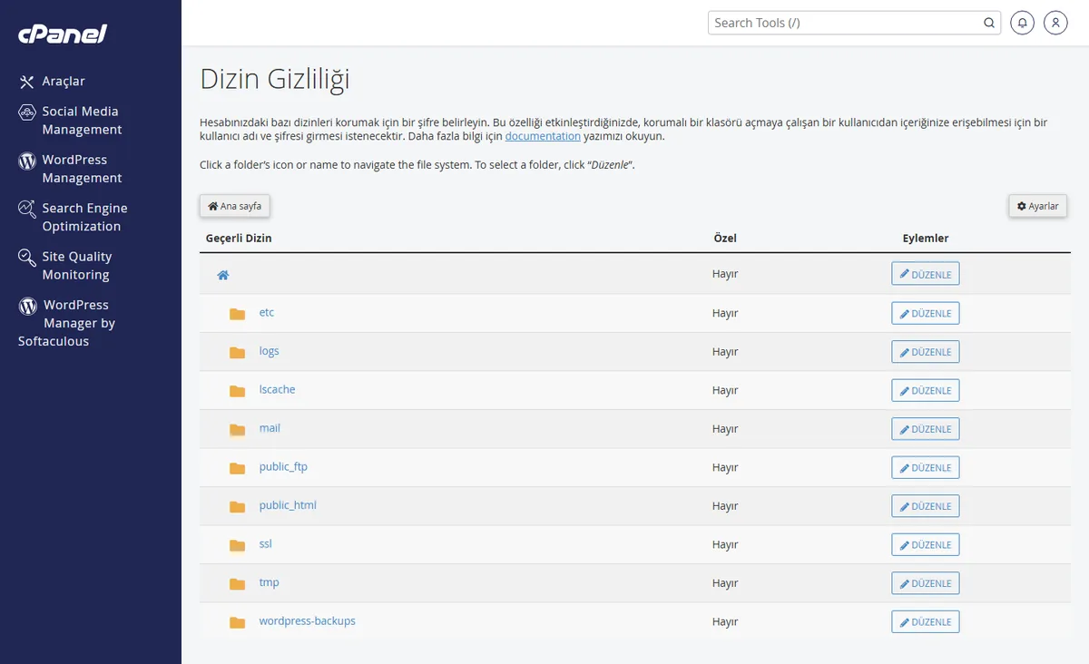 joomla panel giriş klasörünü cPanel Dizin Gizliliği ile koruma ekranı