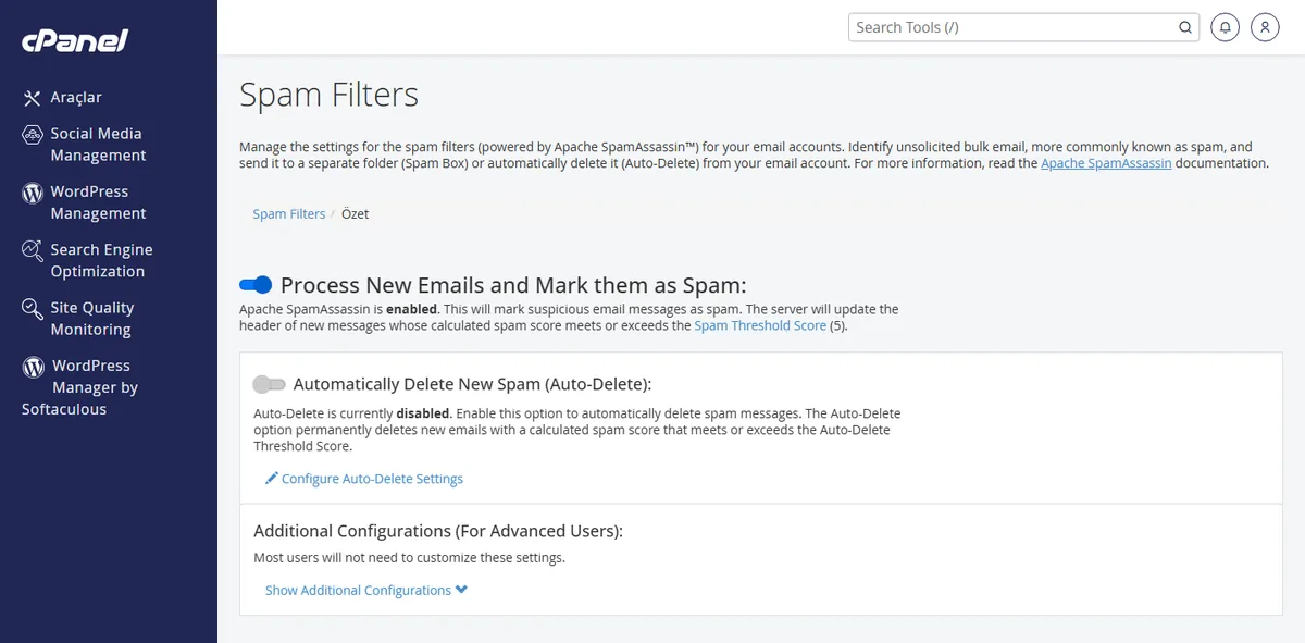 cPanel Spam Filtreleri ekranında filtre hassasiyeti ayarı
