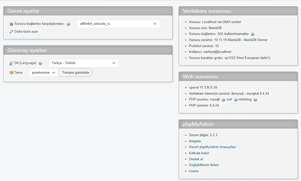 cPanel phpMyAdmin içe aktarma ekranında dosya boyutu ve zaman aşımı sınırlarının görüldüğü bölüm