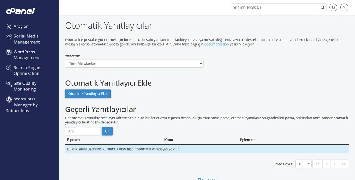 cPanel Otomatik Yanıtlayıcılar ekranı — otomatik yanıt maili kurulumu için Ekle listesi