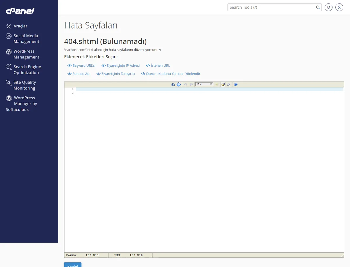 cPanel'de 404 hata sayfası için özel HTML metni düzenleme ekranı