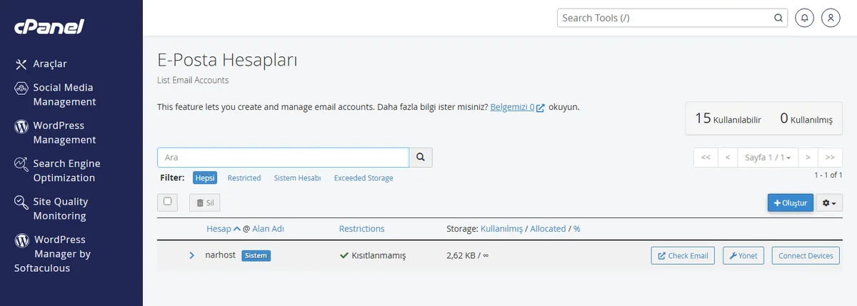 php mail smtp kimlik doğrulama — cPanel Cihaz Bağla ekranında sunucu adı ve port bilgileri