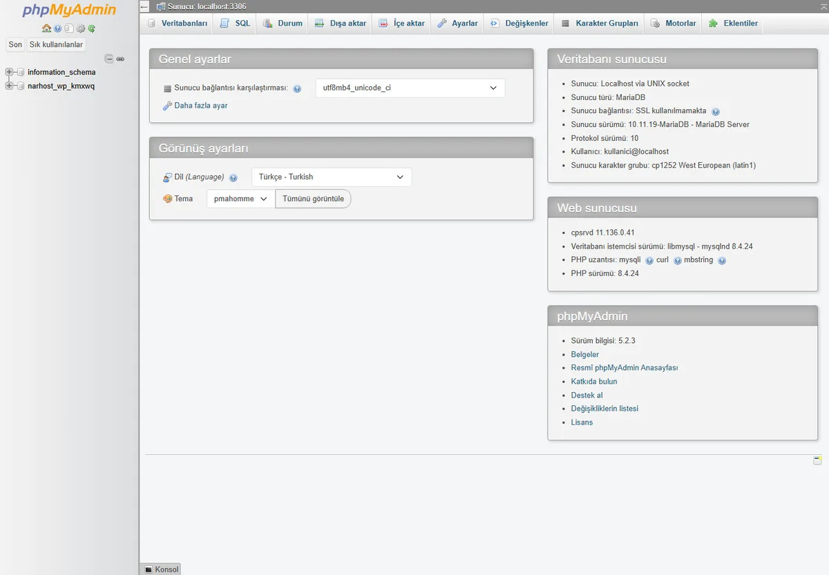 phpmyadmine nasıl giriş yapılır sorusunun cPanel karşılığı — Veritabanları bölümündeki phpMyAdmin ekranı