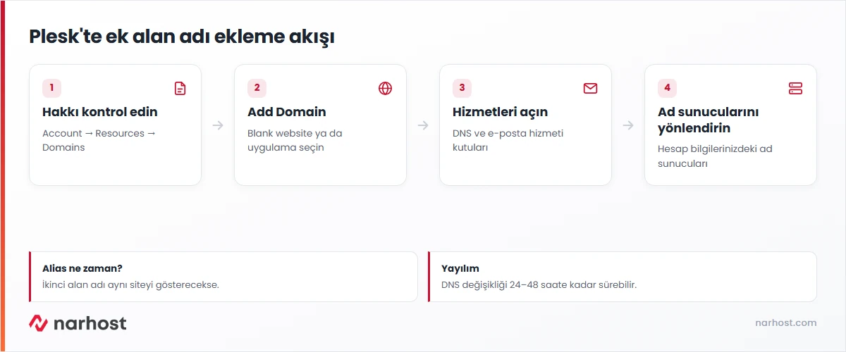 Pleskte alan adı ekleme akışı — alan adı hakkı, Add Domain, DNS hizmeti ve ad sunucusu yönlendirmesi