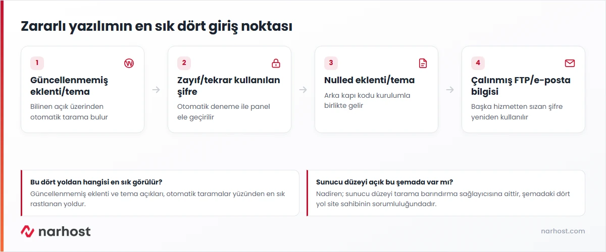Siteme virüs nasıl bulaşır sorusunun cevabını gösteren dört giriş noktası şeması