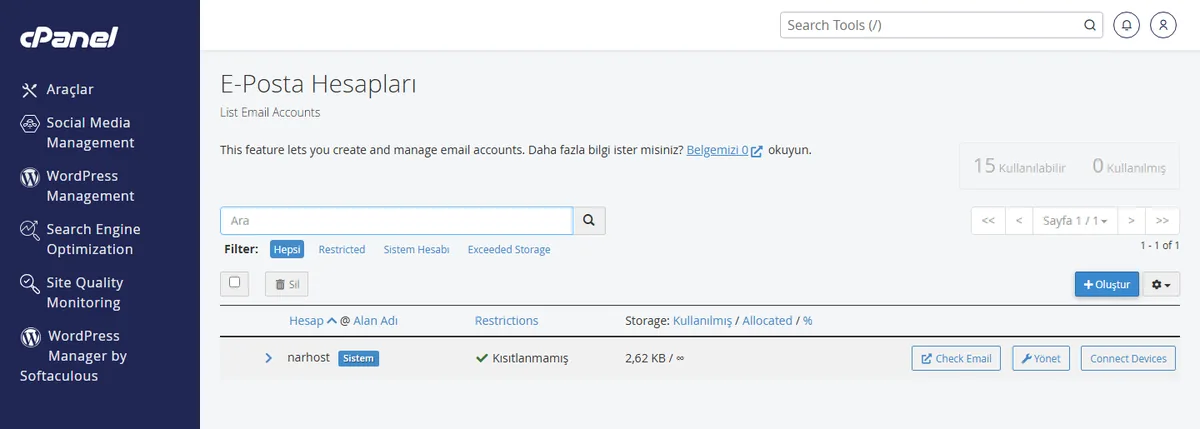 cPanel'de e-posta hesapları listesi; relay access denied ne demek sorusunun çözümü burada başlıyor