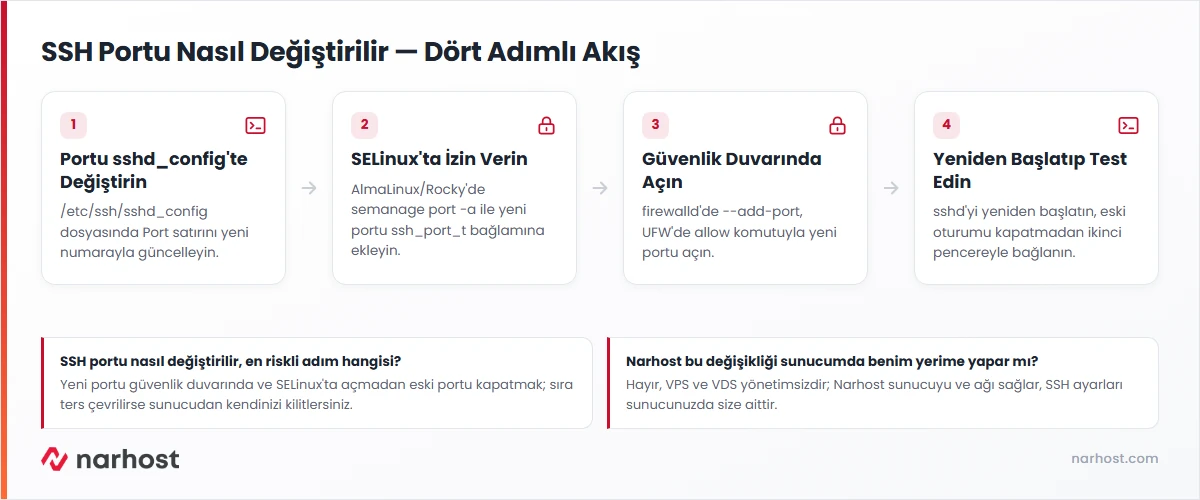 ssh portu nasıl değiştirilir akış şeması — sshd_config, SELinux izni, güvenlik duvarı ve servis yeniden başlatma adımları
