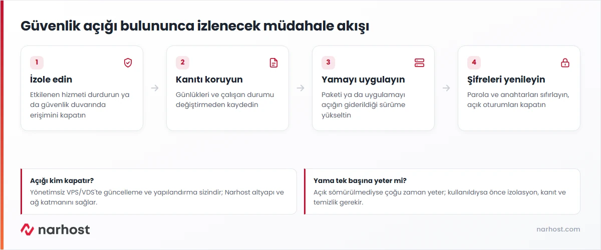 Sunucuda güvenlik açığı tespit edilince izole etme, kanıt koruma, yama ve parola yenileme akışı