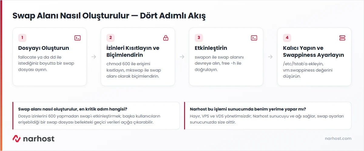 swap alanı nasıl oluşturulur akış şeması — dosya oluşturma, izin verme, etkinleştirme ve fstab'a ekleme adımları