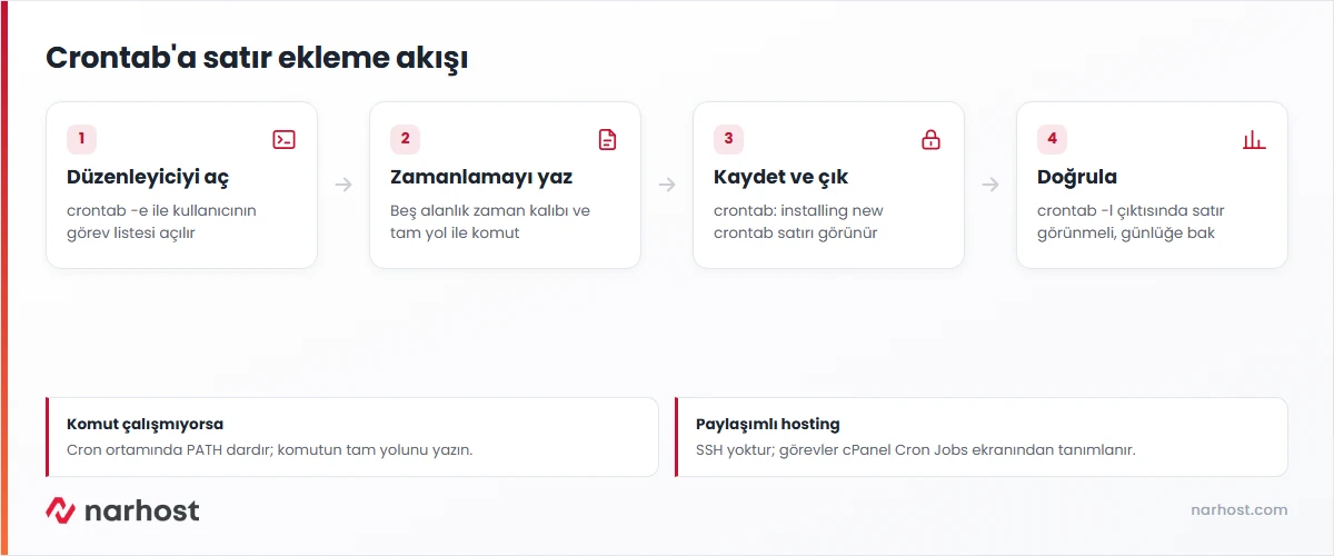 Ubuntu crontaba satır ekleme — düzenleyiciyi açma, zamanlama yazma ve doğrulama adımları