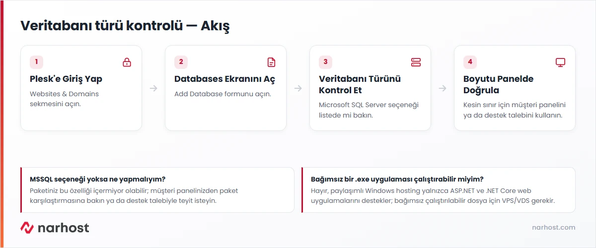 Windows hosting mssql var mı boyutu nedir kontrol şeması — Plesk panel girişi, Databases ekranı, veritabanı türü kontrolü ve destek talebi adımları
